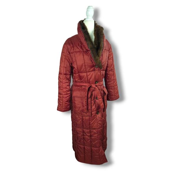 White Stag Jackets & Blazers - Vintage Quilted Jacket Womens Size 12 Real Fur Collar Long Rust Burnt Red Belted